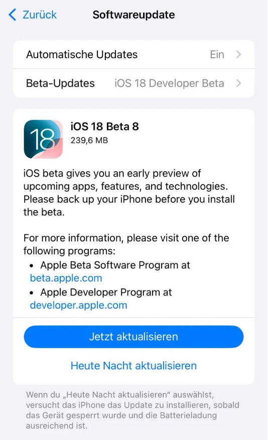 瑶海苹果手机维修分享苹果 iOS / iPadOS 18 开发者预览版 Beta 8 发布 